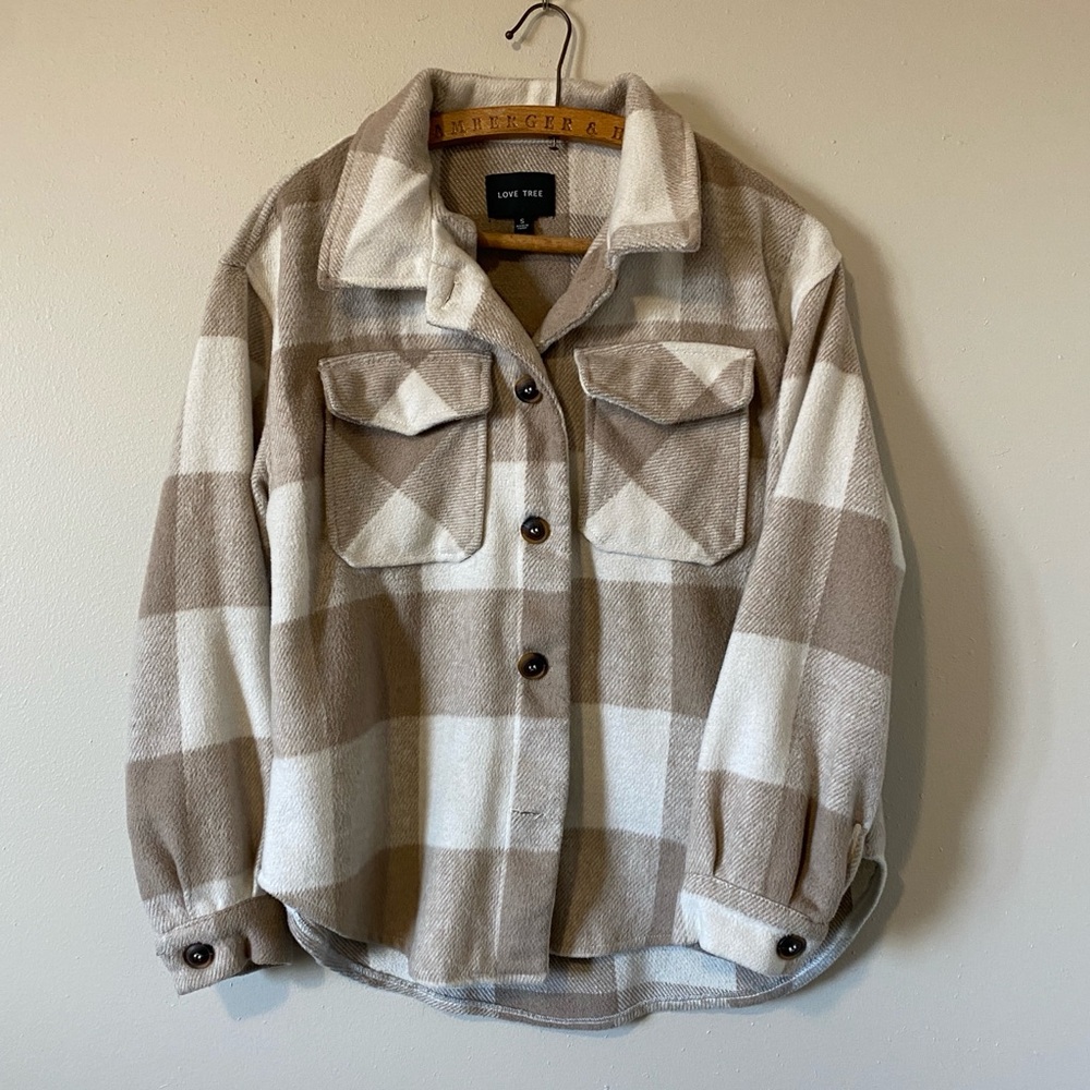Love Tree Tan Block Plaid Shacket - Small